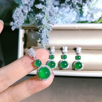 Natūrali žalioji chalcedony auskarai Kinijos retro permatomas pilna deimantų, putojantis žavesio moterų prekės sidabro papuošalai