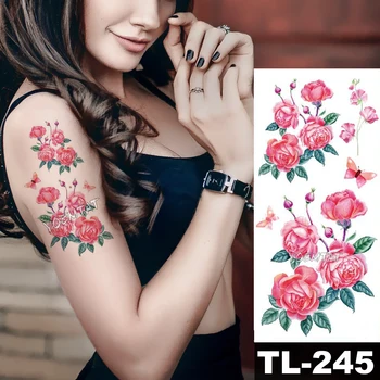 Energingas tamsiai Raudona Rožė Laikinos Tatuiruotės Moterys Tatuiruotės Lipdukas 3D Gradientas Gėlių Įstaiga, Krūtinės, Kaklo Meno Vandeniui Netikrą Tato